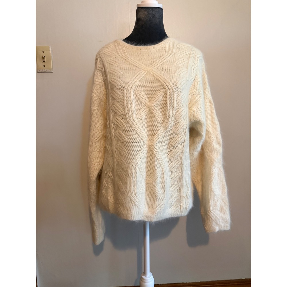 Hand Knitted Angora Lambswool Cable Knit‎ Sweater Ivory fisherman coastal crew M